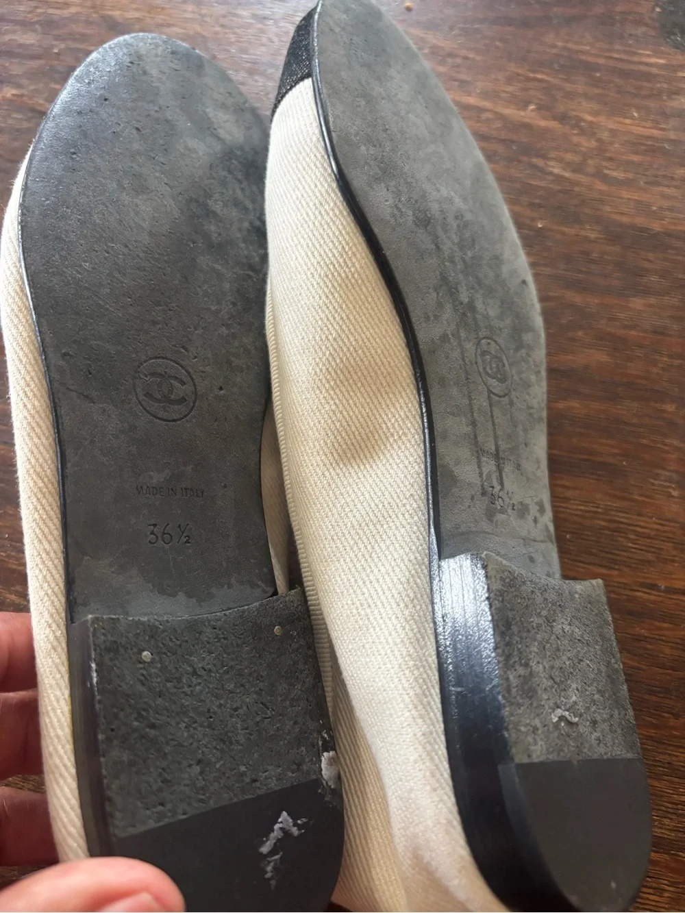 CHANEL Ivory Canvas Ballet Flats with Black Cap Toe and Bow